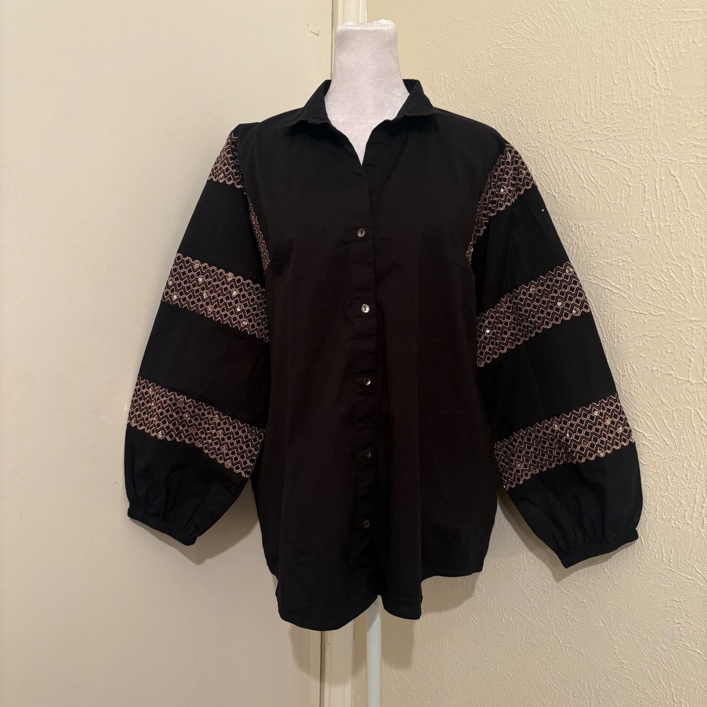 NIC+ZOE Black Embroidered Balloon Sleeve Striped Gold Button Down Shirt Size L
